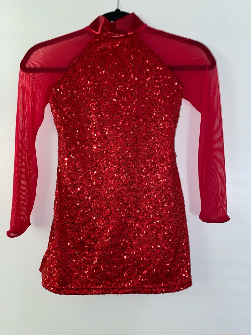 Red Sequin Mesh Sleeve kids dance Dress